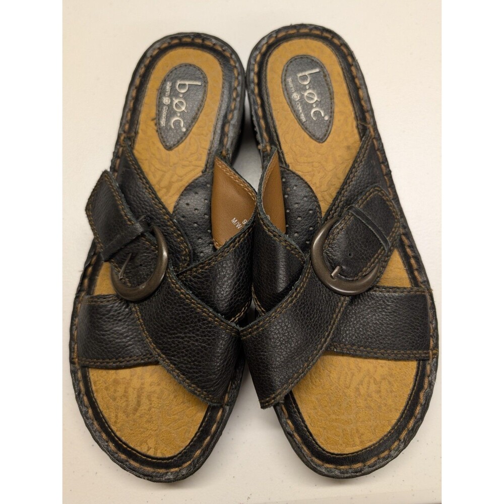 BOC Sandals Women's Size 9 Brown Leather  Summer Cross Band Wedge Heel Buckle